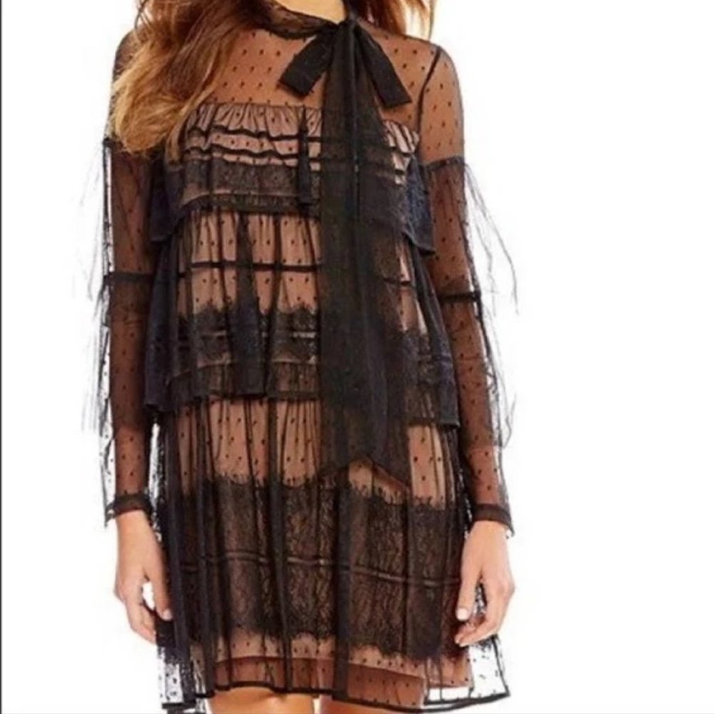 Gianni Bini Tiered Black Mesh Lace Dress | Color: Black | Size: S